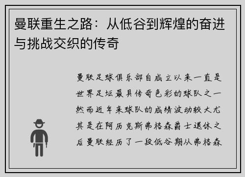 曼联重生之路：从低谷到辉煌的奋进与挑战交织的传奇